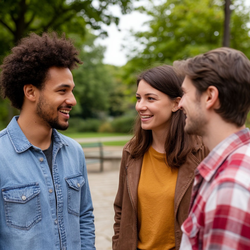 Friends having a conversation outdoors