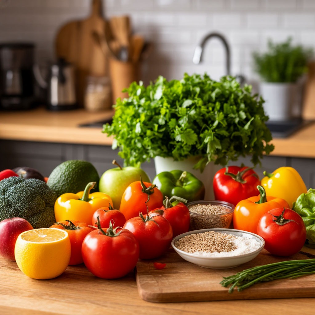 Healthy foods on a kitchen table
